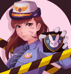 Rule 34 | 1girl, blue neckwear, blush, breasts, brown eyes, brown hair, closed mouth, d.va (overwatch), eyebrows, gloves, highres, korean text, kukie-nyan, long hair, looking at viewer, medium breasts, medium hair, overwatch, overwatch 1, smile, solo, upper body, white gloves
