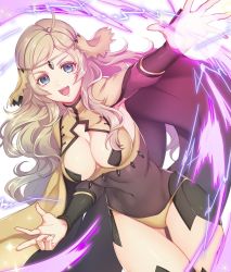 Rule 34 | 1girl, ahoge, blonde hair, blue eyes, breasts, brown cape, cape, center opening, circlet, cleavage, cleavage cutout, clothing cutout, commentary request, covered navel, cowboy shot, fire emblem, fire emblem fates, hand gesture, kokouno oyazi, large breasts, long hair, looking at viewer, navel, nintendo, open mouth, ophelia (fire emblem), outstretched arm, simple background, skin tight, solo, thigh gap, wavy hair, white background