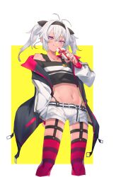 Rule 34 | 1girl, absurdres, antenna hair, black panties, blush, box, closed mouth, crop top, cropped legs, gift, gift box, hair between eyes, hairband, highleg, highleg panties, highres, holding, jacket, jewelry, long hair, long sleeves, looking at viewer, matsukai mao, midriff, navel, nijisanji, open clothes, open jacket, panties, pink eyes, short shorts, shorts, simple background, solo, spmkwy, striped clothes, striped thighhighs, thighhighs, twintails, two-tone background, underwear, virtual youtuber, white hair, white shorts