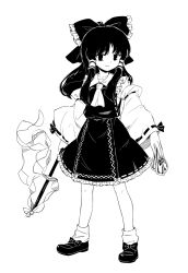 Rule 34 | 1girl, amulet, ascot, bare shoulders, black bow, black dress, black eyes, black footwear, black hair, bow, breasts, closed mouth, collar, detached sleeves, dress, duplicate, frilled bow, frilled skirt, frills, full body, gohei, greyscale, hair ornament, hair tubes, hakurei reimu, highres, holding, holding stick, long sleeves, looking at viewer, maguro (mawaru sushi), medium hair, monochrome, pixel-perfect duplicate, shoes, simple background, skirt, small breasts, smile, socks, solo, standing, stick, touhou, white ascot, white background, white bow, white socks, wide sleeves