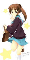 Rule 34 | 1girl, artist name, bag, bread, bread slice, brown eyes, brown hair, cardigan, dated, food, food in mouth, gender request, genderswap, highres, kyon, kyonko, late for school, long hair, looking at viewer, mouth hold, ponytail, ribbon, sailor collar, school bag, school uniform, sheska xue, skirt, solo, standing, standing on one leg, star (symbol), suzumiya haruhi no yuuutsu, toast, toast in mouth, white background