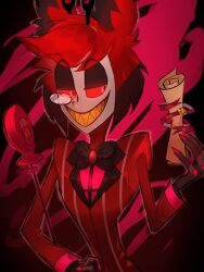 Rule 34 | 1boy, 55mo3, alastor (hazbin hotel), blood, blood splatter, bow, bowtie, brooch, cane, colored sclera, contract, demon, demon boy, formal, grin, hazbin hotel, highres, holding, holding cane, jacket, jewelry, male focus, monocle, paper, red background, red eyes, red hair, red sclera, red theme, sharp teeth, simple background, smile, splatter background, suit, teeth, yellow teeth