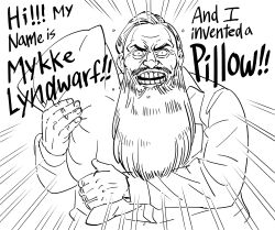 Rule 34 | 1boy, absurdres, bb (baalbuddy), beard, commentary, dwarf, emphasis lines, english commentary, english text, facial hair, greyscale, highres, holding, holding pillow, jacket, long sleeves, looking at viewer, male focus, mike lindell, monochrome, open mouth, original, parody, pillow, real life, simple background, solo, white background, wide-eyed