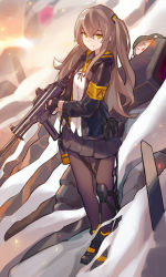 Rule 34 | 1girl, armband, bad id, bad pixiv id, brown hair, closed mouth, commentary, fingerless gloves, full body, g11 (girls&#039; frontline), girls&#039; frontline, gloves, gun, hair between eyes, hair ornament, highres, jacket, long hair, looking at viewer, ludaf, neck ribbon, pantyhose, pleated skirt, ribbon, scar, scar across eye, scar on face, shirt, skirt, smile, smoke, solo, standing, submachine gun, twintails, ump45 (girls&#039; frontline), weapon, white shirt, yellow eyes