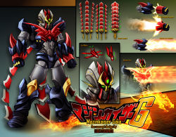 Rule 34 | beam, character name, character profile, character sheet, fire, glowing, glowing eyes, green eyes, highres, mazinger z, mazinkaiser, mazinkaiser (robot), mecha, no humans, no pupils, robot, solo, super robot, sword, weapon, xxlightsourcexx