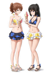 Rule 34 | 2girls, absurdres, bikini, bikini skirt, black hair, breasts, brown eyes, brown hair, cleavage, closed mouth, floral print, food, full body, hibike! euphonium, high ponytail, highres, holding, holding food, holding ice cream, ice cream, ice cream cone, kousaka reina, leo queval, long hair, looking at another, looking at food, matching outfits, medium breasts, mismatched bikini, multiple girls, navel, open mouth, oumae kumiko, pointing, print bikini, purple eyes, sandals, short hair, short ponytail, side ponytail, simple background, small breasts, standing, stomach, swimsuit, white background