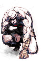 Rule 34 | 1boy, arm wrap, bald, capcom, eyepatch, male focus, muscular, on one knee, oono tsutomu, sagat, scar, simple background, sketch, solo, street fighter