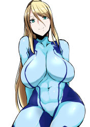 Rule 34 | 1girl, abs, absurdres, alternate breast size, alternate costume, arms behind back, blonde hair, bodysuit, breasts, closed eyes, covered navel, green eyes, hair between eyes, high ponytail, highres, impossible bodysuit, impossible clothes, large breasts, long hair, looking at viewer, megao 3rd, metroid, mole, mole under mouth, nintendo, parted bangs, samus aran, simple background, sitting, skin tight, smile, solo, toned, very long hair, white background, zero suit