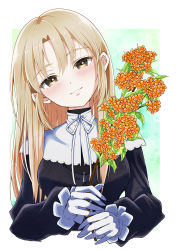 Rule 34 | 1girl, black dress, blonde hair, blush, closed mouth, cropped torso, dress, eyebrows, flower, forehead, gloves, habit, highres, holding, holding flower, long hair, long sleeves, looking at viewer, nijisanji, nun, sex toy, sister claire, sister claire (1st costume), smile, solo, traditional nun, upper body, virtual youtuber, white gloves, yellow eyes, yuupenman