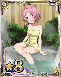 Rule 34 | 10s, 1girl, bare shoulders, barefoot, breasts, card (medium), cleavage, collarbone, hair ornament, hairclip, lisbeth (sao), looking at viewer, medium breasts, naked towel, onsen, outdoors, partially submerged, pink hair, red eyes, short hair, sitting, smile, soaking feet, solo, star (symbol), sword art online, towel, yellow towel