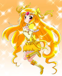 Rule 34 | 10s, 1girl, bad id, bad pixiv id, blonde hair, blush, body blush, boots, bow, brooch, bubble skirt, circlet, cure muse, cure muse (yellow), dress, frills, gradient background, hands on own chest, heart, highres, jewelry, knee boots, long hair, magical girl, massala, orange background, precure, red eyes, shirabe ako, skirt, smile, solo, sparkle, standing, standing on one leg, suite precure, yellow bow, yellow dress, yellow skirt, yellow theme