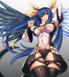 Rule 34 | 1girl, :d, arm behind head, arm up, asymmetrical wings, belt, belt buckle, black panties, black thighhighs, blue hair, blue wings, bow, breasts, buckle, buttons, capelet, cleavage, clothing cutout, covered erect nipples, cowboy shot, detached sleeves, dizzy (guilty gear), eyebrows, from below, gradient background, guilty gear, guilty gear xrd, hair between eyes, highres, huge breasts, long hair, long sleeves, looking at viewer, navel, open mouth, panties, print panties, red eyes, ribbon, shiny clothes, shiny skin, sidelocks, smile, solo, tail, tail bow, tail ornament, tail ribbon, takanashi-a, thigh strap, thighhighs, twintails, underboob, underboob cutout, underwear, very long hair, white wings, wide sleeves, wings, yellow bow, yellow ribbon
