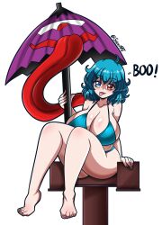 Rule 34 | 1girl, ass, bare legs, bikini, blue bikini, blue eyes, blue hair, breasts, collarbone, english text, feet, heterochromia, highres, holding, holding umbrella, huge breasts, knees up, large breasts, legs, open mouth, red eyes, seireiart, sitting, solo, swimsuit, tatara kogasa, thighs, toes, tongue, tongue out, touhou, umbrella, wide hips