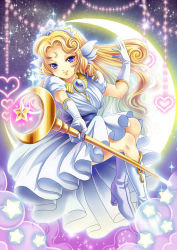 Rule 34 | 1girl, blonde hair, blue eyes, boots, crescent, crescent facial mark, crescent moon, crown, curly hair, dress, facial mark, forehead mark, full body, gloves, head wings, heart, jewelry, knee boots, long hair, moon, necklace, panel de pon, ruitan (rrruitan), seren, seren (panel de pon), smile, solo, sparkle, staff, white dress, wings