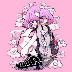 Rule 34 | 1girl, closed eyes, crisalys, horns, jacket, nike (company), original, pink hair, pink theme, shoes, simple background, smoke, solo