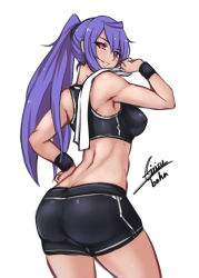 Rule 34 | 1girl, absurdres, airisubaka, ass, blue hair, breasts, butt crack, cleavage, highres, iris heart, kami jigen game neptune v, large breasts, long hair, looking at viewer, muscular, muscular female, navel, neptune (series), ponytail, purple hair, red eyes, simple background, smile, solo, symbol-shaped pupils, toned, very long hair, white background
