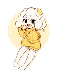 Rule 34 | 1girl, bare legs, barefoot, black eyes, borrowed character, dripping, egg, egg (food), egg (lemyawn), egg yolk, food, full body, highres, looking at viewer, medium hair, monster girl, omaoti, open mouth, orange sweater, original, shadow, sleeves past fingers, sleeves past wrists, slime girl, solo, sunny side up egg, sweater, white hair
