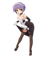 Rule 34 | 00s, 1girl, absurdres, arched back, ass, bare shoulders, bent over, breasts, choker, cleavage, clothes lift, dress, dress lift, elbow gloves, feet, female focus, full body, garter belt, garter straps, gloves, highres, leaning forward, legs, looking at viewer, maid, nagato yuki, potion (moudamepo), purple hair, short hair, simple background, skirt, skirt lift, small breasts, solo, standing, suzumiya haruhi no yuuutsu, thighhighs, tiptoes, toes, white background, yellow eyes