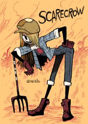 Rule 34 | 1girl, bent over, blonde hair, blue jacket, boots, colorized, commentary, english commentary, gloves, hair over one eye, hand on own hip, hat, highres, ink (medium), inktober, jacket, linda (rariatto), long hair, looking at viewer, mixed-language commentary, mixed media, one eye covered, open clothes, open shirt, original, overalls, pale skin, pants, pitchfork, rariatto (ganguri), red gloves, scarecrow, short sleeves, smile, solo, traditional media, twitter username