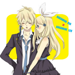 Rule 34 | 1boy, 1girl, bad id, bad pixiv id, blonde hair, blue eyes, blue necktie, brother and sister, dress, formal, hair ribbon, ichinose, ichinose (sorario), kagamine len, kagamine rin, long hair, necktie, ribbon, siblings, smile, suit, twins, vocaloid