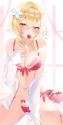 Rule 34 | 1girl, absurdres, alternate costume, bare shoulders, blonde hair, blush, bow, bow bra, bow panties, bra, breasts, cameltoe, candy, chocolate, chocolate heart, cleavage, covered mouth, crossed bangs, feather hair ornament, feathers, flower, food, food in mouth, genshin impact, hair between eyes, hair flower, hair ornament, hand up, heart, heart print, highres, indoors, lace trim, lily (flower), lingerie, long sleeves, looking at viewer, lumine (genshin impact), medium breasts, navel, open clothes, open shirt, panties, red bra, red panties, see-through, see-through shirt, shirt, short hair with long locks, side-tie panties, sidelocks, sitting, sleeves past wrists, solo, stomach, string panties, sweat, thick thighs, thighs, tsuyuri eri, underwear, valentine, white flower, white shirt, yellow eyes