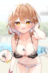 Rule 34 | 1girl, :d, bare arms, between breasts, bikini, black bikini, blurry, blurry background, blush, breasts, brown hair, chihiro (khorosho), cleavage, collarbone, colored inner hair, commentary request, cowboy shot, fang, hair between eyes, hair ornament, halterneck, hand up, key, leaf print, looking at viewer, medium breasts, mismatched bikini, mole, mole on breast, multicolored hair, navel, open mouth, original, pom pom (clothes), pom pom hair ornament, print bikini, skin fang, smile, solo, standing, stomach, string bikini, swimsuit, wet, white bikini, white hair, yellow eyes
