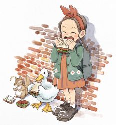 Rule 34 | 1girl, 2others, against wall, bag, bird, black footwear, bread, brick wall, commentary request, dress, duck, eating, food, fujiwara yoshito, highres, holding, holding food, lettuce, multiple others, open sandwich, original, outdoors, sandwich, school bag, socks, squirrel, tomato