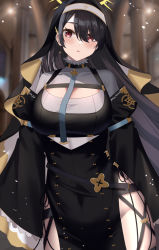 Rule 34 | 1girl, :o, black hair, black headwear, blue archive, blush, breasts, cleavage, commentary request, covered navel, cowboy shot, gaitoou, highres, hinata (blue archive), large breasts, long sleeves, looking at viewer, nun, parted lips, red eyes, solo