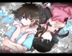 Rule 34 | 1boy, 1girl, amamiya hibiya, apron, asahina hiyori, black eyes, black hair, black shirt, blue shirt, blunt bangs, blurry, blurry background, brown hair, casual, closed mouth, cross, dated, fingernails, floral background, hair between eyes, hand on own arm, hands on own chest, heterochromia, hood, hoodie, kagerou project, letterboxed, long bangs, long sleeves, looking at viewer, low twintails, mekakucity actors, own hands together, parted lips, pink apron, red eyes, rotational symmetry, shirt, short hair, short sleeves, sidelocks, sleeveless, sleeveless hoodie, strawberrya mg, twintails, upper body, white hoodie, zipper