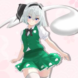Rule 34 | 1girl, absurdres, black hairband, blue eyes, closed mouth, commentary, cowboy shot, floral background, ghost, green skirt, green vest, grey hair, hairband, highres, konpaku youmu, konpaku youmu (ghost), looking at viewer, miniskirt, pink background, regi857, shirt, short hair, short sleeves, skirt, skirt set, smile, solo, thighhighs, touhou, v-shaped eyebrows, vest, white shirt, white thighhighs, youmu day, zettai ryouiki