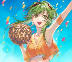 Rule 34 | 1girl, arms up, blue background, commentary, confetti, crop top, english commentary, goggles, goggles on head, green eyes, green hair, gumi, highres, holding, holding pom poms, mallope, midriff, open mouth, orange shirt, outstretched arm, pom pom (cheerleading), pom poms, red goggles, sarashi, shirt, short hair with long locks, smile, solo, upper body, vocaloid