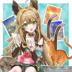 Rule 34 | 1girl, :d, ahoge, animal ears, black choker, blonde hair, box, cat, cat ears, cat tail, choker, commentary request, detached sleeves, genshin impact, gift, gift box, green eyes, highres, holding, holding photo, karanashi mari, kirara (genshin impact), long hair, long sleeves, multiple tails, open mouth, photo (object), sitting, smile, solo, tail, two tails, very long hair