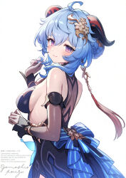 Rule 34 | 1girl, absurdres, ahoge, bare shoulders, bell, black dress, blue bow, blue dress, blue hair, blush, bow, braid, breasts, commentary request, detached sleeves, dress, ganyu (genshin impact), ganyu (twilight blossom) (genshin impact), genshin impact, goat horns, gomashio ponz, gradient dress, hair bun, highres, horns, long sleeves, looking at viewer, looking back, medium breasts, medium hair, neck bell, official alternate costume, official alternate hairstyle, purple eyes, sideboob, sideless dress, simple background, sleeveless, sleeveless dress, smile, solo, upper body, white background