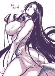Rule 34 | 1girl, adjusting hair, ass, bare shoulders, black hair, boa hancock, breasts, character name, commentary request, cowboy shot, dress, greyscale, high collar, highres, large breasts, long hair, looking at viewer, monochrome, one piece, parted lips, sideboob, signature, simple background, sleeveless, sleeveless dress, solo, takatsuki ichi, thighs, very long hair, white background