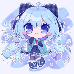 Rule 34 | 1girl, absurdres, black gloves, black skirt, black thighhighs, blue bow, blue dress, blue hair, bow, chibi, cirno, cirno day, detached wings, dress, fairy, fairy wings, food, frozen, gloves, hair bow, highres, ice, ice cream, ice wings, inukkomaru, pinafore dress, skirt, sleeveless, sleeveless dress, solo, thighhighs, touhou, wide sleeves, wings