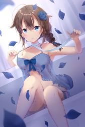 Rule 34 | 1girl, ahoge, armpits, bare shoulders, blue eyes, blue flower, blue ribbon, blue rose, blurry, blush, bow, braid, breasts, brown hair, choker, collarbone, commentary request, couch, curtains, depth of field, feet out of frame, flower, hair flaps, hair flower, hair ornament, hair ribbon, highres, ichinose kizuki, indoors, kantai collection, long hair, looking at viewer, medium breasts, nightgown, petals, ribbon, ribbon choker, rose, see-through, shigure (kancolle), shigure kai ni (kancolle), single braid, sitting, smile, solo, strap lift, underwear, underwear only, white ribbon