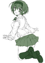 Rule 34 | 00s, 1girl, green theme, mizuki makoto, monochrome, pleated skirt, school uniform, serafuku, skirt, solo, to heart (series), to heart 2, yoshioka chie