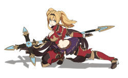 Rule 34 | 1girl, belt, black hairband, blonde hair, boots, braid, breasts, cleavage, full body, granblue fantasy, granblue fantasy versus, green eyes, hairband, high heel boots, high heels, holding, holding weapon, houtengeki, large breasts, long hair, midriff, navel, polearm, purple skirt, red footwear, shadow, simple background, skirt, solo, spear, thigh boots, thighhighs, twintails, weapon, white background, zeta (granblue fantasy)