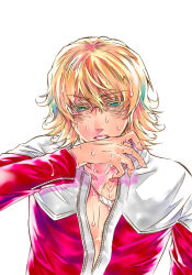 Rule 34 | 10s, 1boy, aqua eyes, barnaby brooks jr., blonde hair, glasses, jacket, jewelry, male focus, mitsuka-0721, necklace, red jacket, simple background, solo, sweat, tiger &amp; bunny, white background, wiping sweat