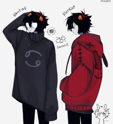 Rule 34 | 1boy, absurdres, animal ears, black hair, black pants, cancer (symbol), chibi, chibi inset, closed mouth, colored sclera, colored skin, concept art, glasses, grey skin, hand in own hair, highres, homestuck, horns, iina934, karkat vantas, messy hair, multiple boys, pants, rabbit ears, red sweater, short hair, simple background, sweater, troll (homestuck), twitter username, white background, yellow sclera