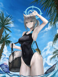 Rule 34 | 1girl, absurdres, animal ear fluff, animal ears, armpits, bag, black one-piece swimsuit, blue archive, blue eyes, breasts, competition swimsuit, covered navel, cross hair ornament, extra ears, fish, grey hair, hair ornament, halo, highres, low ponytail, medium breasts, medium hair, mismatched pupils, multicolored clothes, multicolored swimsuit, numnumhan ningen, official alternate costume, one-piece swimsuit, palm tree, presenting armpit, puffer fish, shiroko (blue archive), shiroko (swimsuit) (blue archive), solo, swimsuit, tree, wading, water, wolf ears