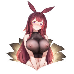 Rule 34 | 1girl, animal ears, arknights, bare shoulders, blush, breasts, breasts squeezed together, closed mouth, covered collarbone, crop top, highres, large breasts, long hair, looking at viewer, navel, nipples, purple eyes, qingmingtongzi, rabbit ears, ray (arknights), red hair, see-through, shirt, simple background, sleeveless, solo, taut clothes, taut shirt, upper body, v arms, very long hair, white background