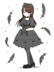 1girl black_dress black_gloves black_theme bow brown_hair dress ezaki_bisuko fashion feathers frilled_dress frills gloves gothic_lolita hair_bow highres lolita_fashion long_hair looking_at_viewer original red_eyes shoes simple_background solo standing white_background