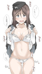 Rule 34 | 1girl, blush, bra, breasts, brown hair, character request, cleavage, copyright request, elf (stroll in the woods), embarrassed, garrison cap, girls und panzer, gluteal fold, hat, highres, lace, lace-trimmed bra, lace-trimmed panties, lace trim, looking at viewer, medium breasts, megumi (girls und panzer), navel, open clothes, panties, skindentation, solo, sweat, teeth, tongue, translation request, underwear, undressing, uniform, wavy mouth