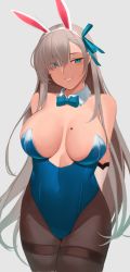 Rule 34 | 1girl, animal ears, asuna (blue archive), asuna (bunny) (blue archive), bare shoulders, blue archive, blue eyes, blue leotard, blush, bow, bowtie, breasts, brown pantyhose, cleavage, detached collar, elbow gloves, fake animal ears, gloves, hair over one eye, highleg, highleg leotard, highres, kameponde, large breasts, leotard, light brown hair, long hair, looking at viewer, mole, mole on breast, pantyhose, playboy bunny, rabbit ears, thighs, traditional bowtie, white gloves