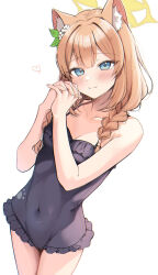 Rule 34 | 1girl, animal ears, black one-piece swimsuit, blue archive, blue eyes, blush, braid, breasts, cleavage, closed mouth, collarbone, fingernails, flower, hair flower, hair ornament, halo, highres, interlocked fingers, light smile, long hair, looking at viewer, mari (blue archive), mari (swimsuit) (blue archive), medium breasts, official alternate costume, one-piece swimsuit, orange hair, own hands together, simple background, smile, solo, swimsuit, takio (kani sama), twin braids, white background, yellow halo