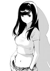 Rule 34 | 1girl, absurdres, black hair, breasts, commentary request, crop top, dytm, greyscale, hand in pocket, highres, long hair, medium breasts, midriff, monochrome, navel, original, shirt, short sleeves, shorts, simple background, solo, stomach, white background