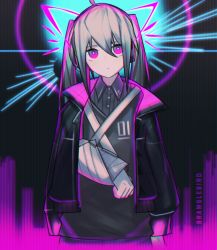 Rule 34 | 1girl, ahoge, alternate costume, arm sling, artist name, cast, commentary, cowboy shot, hatsune miku, highres, jacket, kky, long hair, long sleeves, looking at viewer, purple eyes, solo, standing, twintails, vocaloid