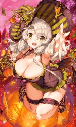 Rule 34 | 1girl, ailill (destiny child), armpits, asymmetrical bangs, bat wings, breasts, candy, cleavage, collarbone, destiny child, dress, fingernails, food, grey hair, halloween, hand up, hat, highres, large breasts, leg ribbon, lollipop, long hair, looking at viewer, open mouth, pumpkin, ribbon, saburou (hgmg), sharp fingernails, sharp teeth, shoes, solo, strapless, teeth, thigh strap, tongue, wings, witch hat, yellow eyes