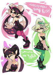 Rule 34 | + +, 2girls, :d, ;), ankle boots, black dress, black footwear, black hair, black jumpsuit, boots, brown eyes, callie (splatoon), closed eyes, closed mouth, commentary, cousins, detached collar, dress, earrings, english text, fangs, food, food on head, gloves, gomipomi, green legwear, grey hair, inkling, jewelry, jumpsuit, light smile, long hair, looking at viewer, marie (splatoon), mask, mole, mole under eye, multiple girls, nintendo, object on head, one eye closed, open mouth, pantyhose, pointing, pointing up, pointy ears, purple legwear, short dress, short hair, short jumpsuit, smile, standing, standing on one leg, strapless, strapless dress, sushi, tentacle hair, white gloves